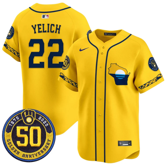 Christian Yelich Jersey #22 Milwaukee Brewers Golden 50th Anniversary Patch Stitched Gold by My Store
