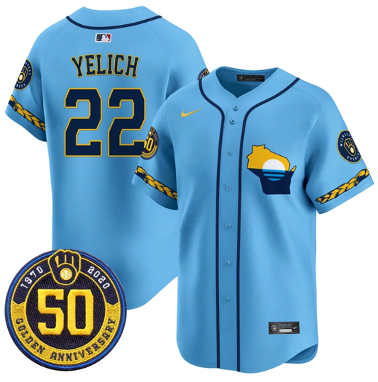 Christian Yelich Jersey #22 Milwaukee Brewers Golden 50th Anniversary Patch Stitched Blue by My Store