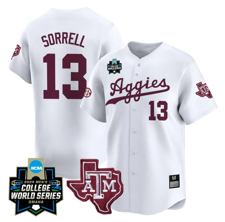 Caden Sorrell Jersey #13 Texas AM Aggies 2024 College World Series Vapor Premier Limited NCAA Baseball Stitched White by My Store