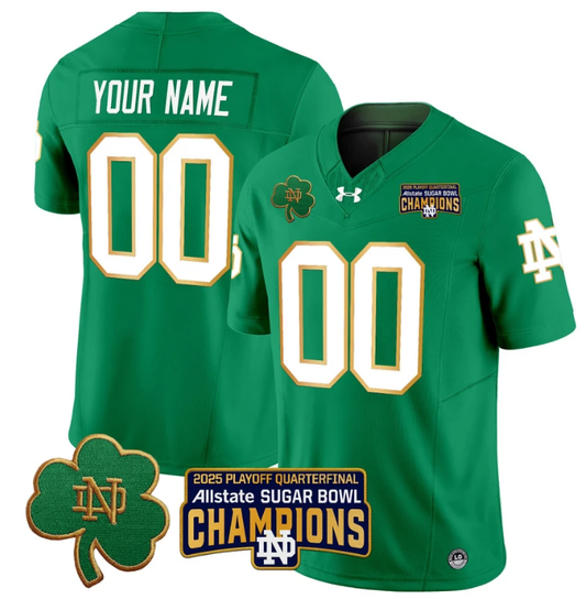 Custom Notre Dame Jersey 2025 Playoff Sugar Bowl Champions Patch Green by NCAA Football Jersey
