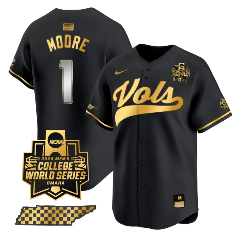 Christian Moore Jersey #1 Tennessee Volunteers 2024 College World Series Vapor Premier Limited NCAA Baseball Stitched Black Gold by My Store