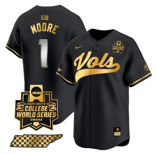 Christian Moore Jersey #1 Tennessee Volunteers 2024 College World Series Vapor Premier Limited NCAA Baseball Stitched Black Gold by My Store