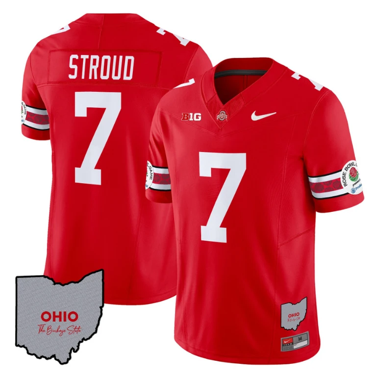 C J Stroud Jersey #7 Ohio State Rose Bowl Patch Football V3 Red by NCAA Football Jersey