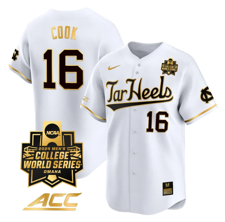 Casey Cook Jersey #16 North Carolina Tar Heels 2024 College World Series Vapor Premier Limited NCAA Baseball Stitched White Gold by My Store