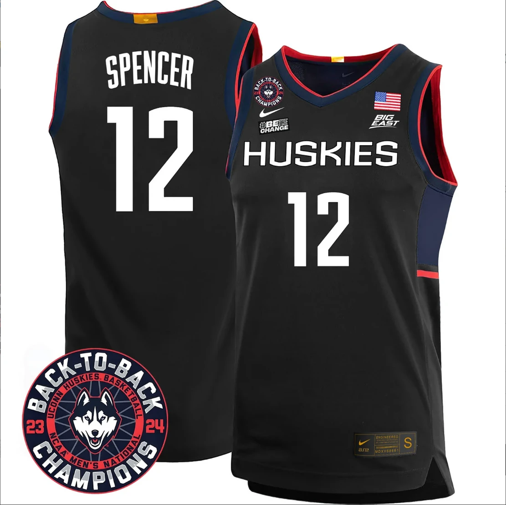 Cam Spencer Jersey #12 UConn Huskies Basketball 2024 Back To Back Champions Patch Black by My store basketball