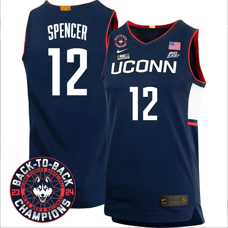 Cam Spencer Jersey #12 UConn Huskies Basketball 2024 Back To Back Champions Patch Navy by My store basketball