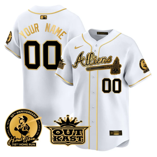 Custom Atlanta Braves Jersey Atliens Hank Aaron Patch Vapor Limited Stitched White Gold by My Store
