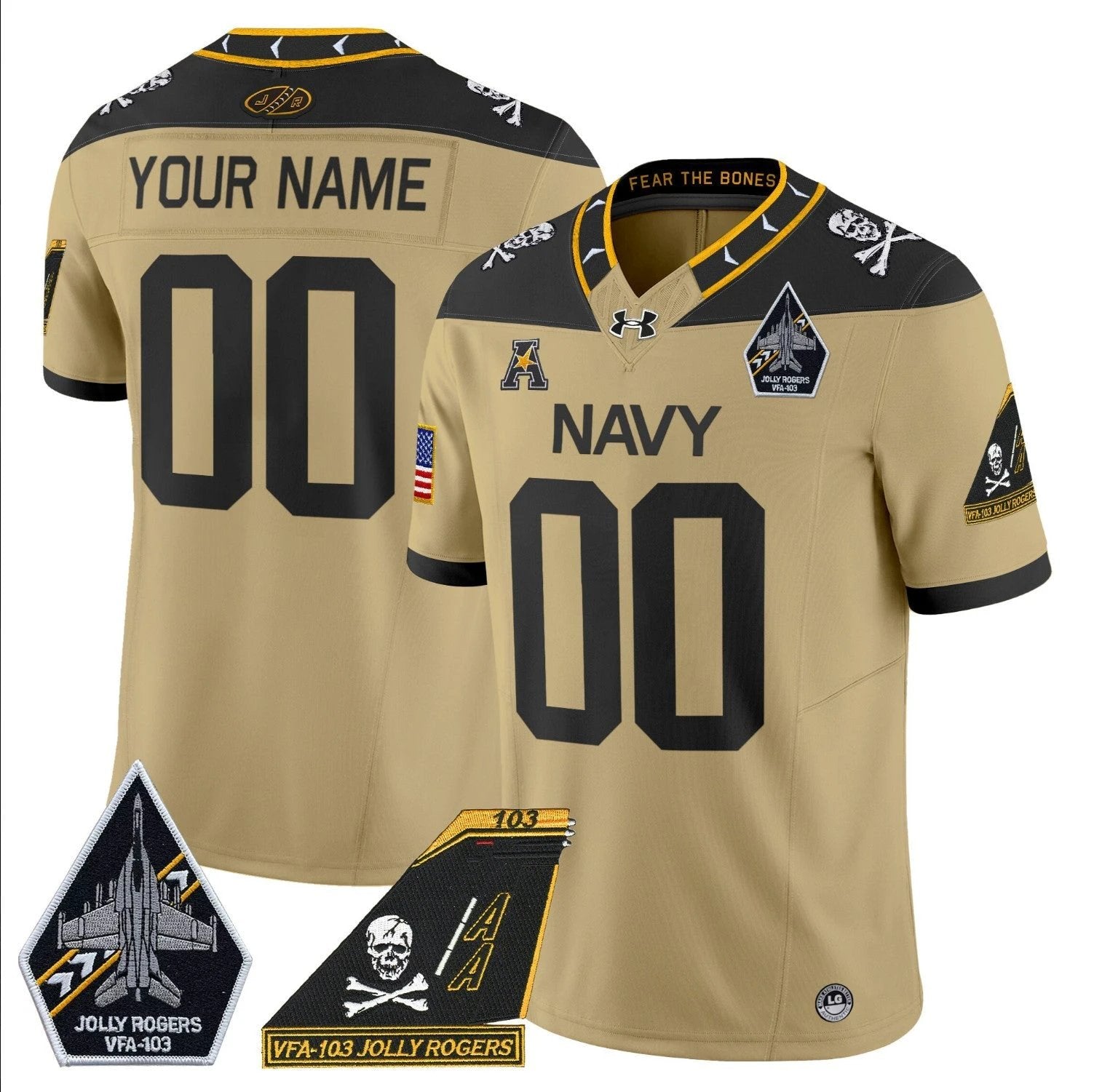Custom Navy Midshipmen Jersey Name, Number 2024 Jolly Rogers Patch Gold by My Store