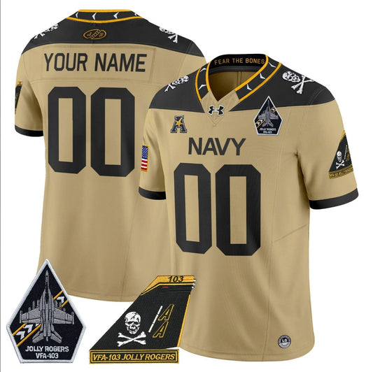 Custom Navy Midshipmen Jersey Name, Number 2024 Jolly Rogers Patch Gold by My Store