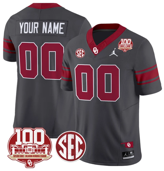 Custom Oklahoma Sooners Jersey Name and Number 100th Anniversary Patch Vapor Limited College Football Stitched Anthracite by My Store