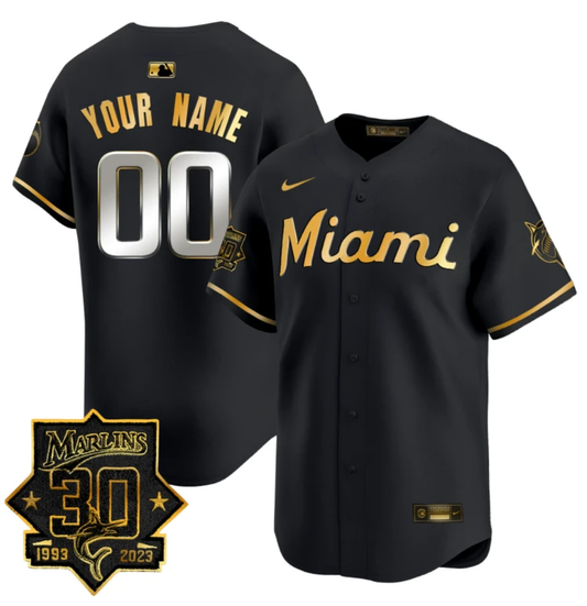 Custom Miami Marlins Jersey 30 Seasons Anniversary Patch Vapor Premier Limited Stitched Black Gold by My Store