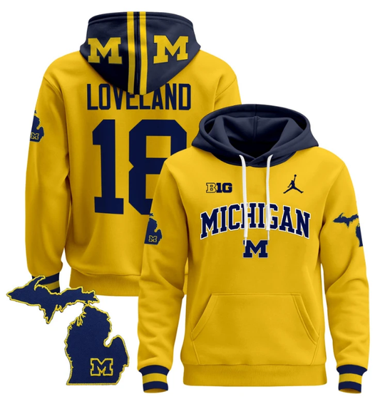 Colston Loveland Hoodie #18 Michigan Wolverines 2024 Pullover V2 Maize Alternate by Hoodie Pullover