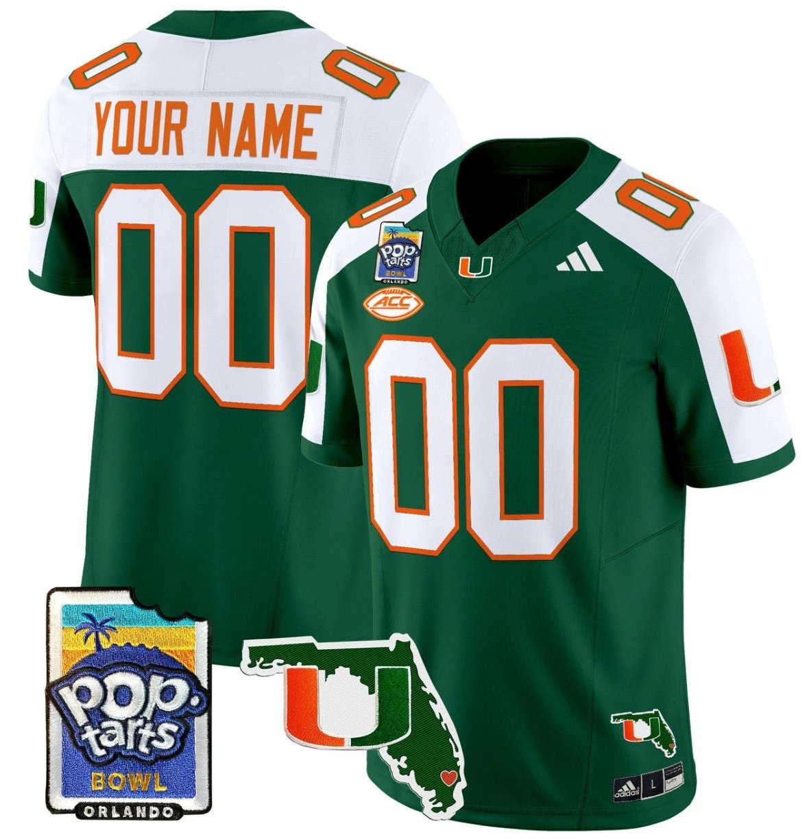 Custom Miami Hurricanes Jersey Name, Number 2025 PopTarts Bowl Patch Green Alternate by My Store
