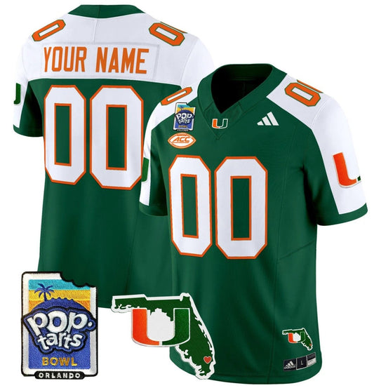 Custom Miami Hurricanes Jersey Name, Number 2025 PopTarts Bowl Patch Green Alternate by My Store
