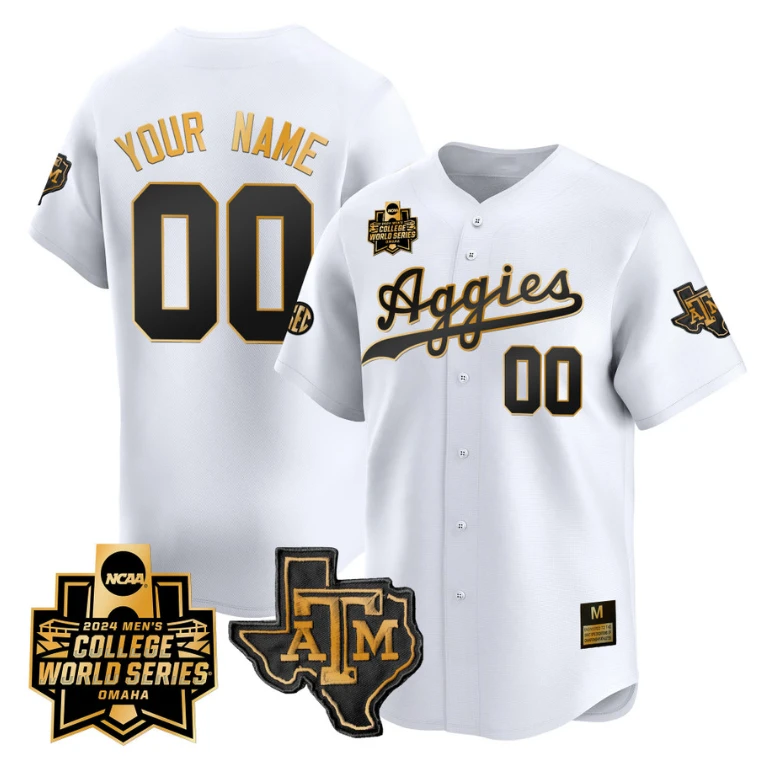 Custom Texas AM Aggies Jersey 2024 College World Series Vapor Premier Limited NCAA Baseball Stitched White Gold by My Store