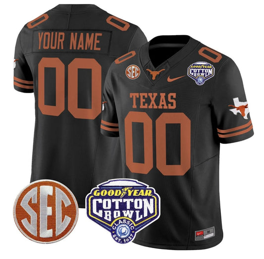 Custom Texas Longhorns Jersey Name, Number Cotton Bowl Patch Stitched Black by NCAA Football Jersey