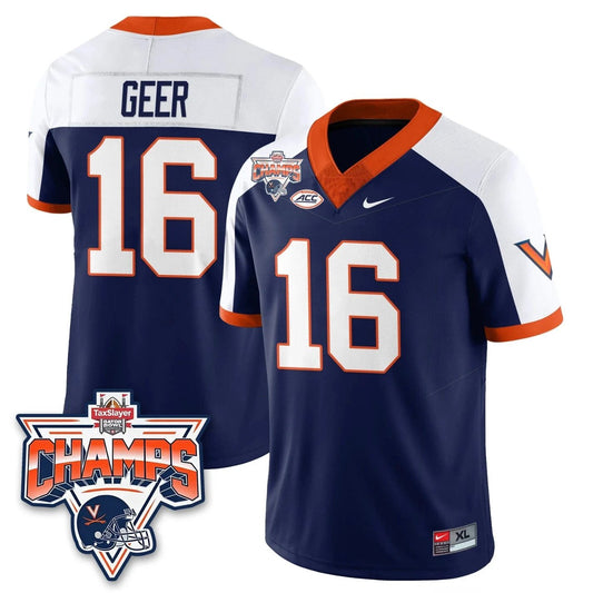 Cole Geer Jersey #16 Virginia Cavaliers 2025 Gator Bowl Champions Stitched by My Store NCAA Football Jerseys
