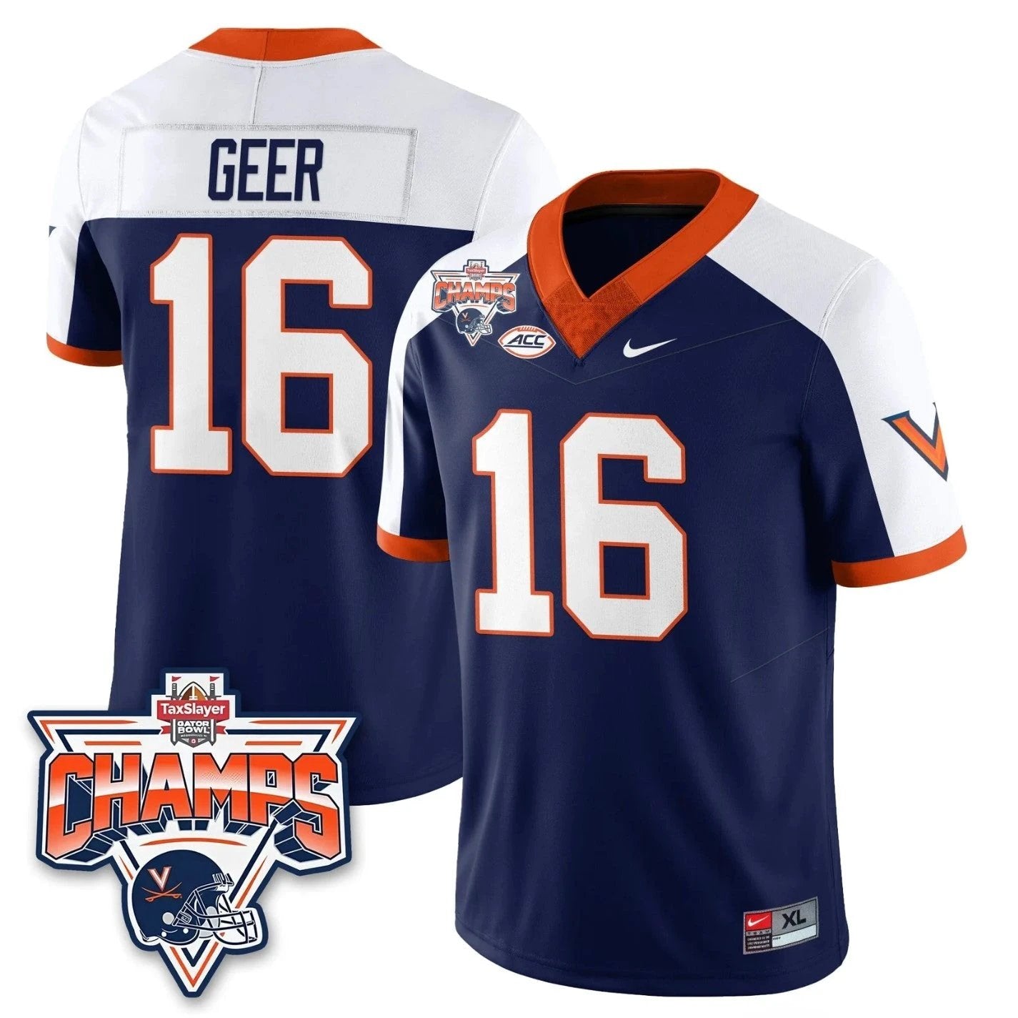 Cole Geer Jersey #16 Virginia Cavaliers 2025 Gator Bowl Champions Stitched Navy Alternate by NCAA Football Jersey