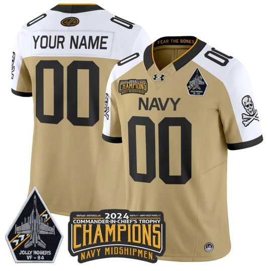 Custom Navy Midshipmen Jersey 2024 Jolly Rogers Champions Patch Gold Alternate by NCAA Football Jersey