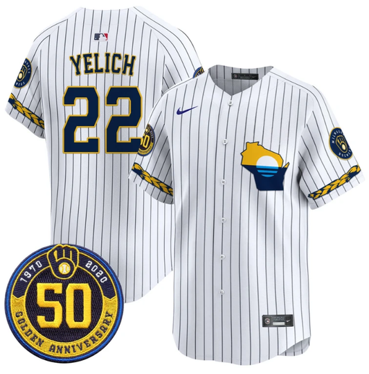 Christian Yelich Jersey #22 Milwaukee Brewers Golden 50th Anniversary Patch Stitched Pinstripe by My Store