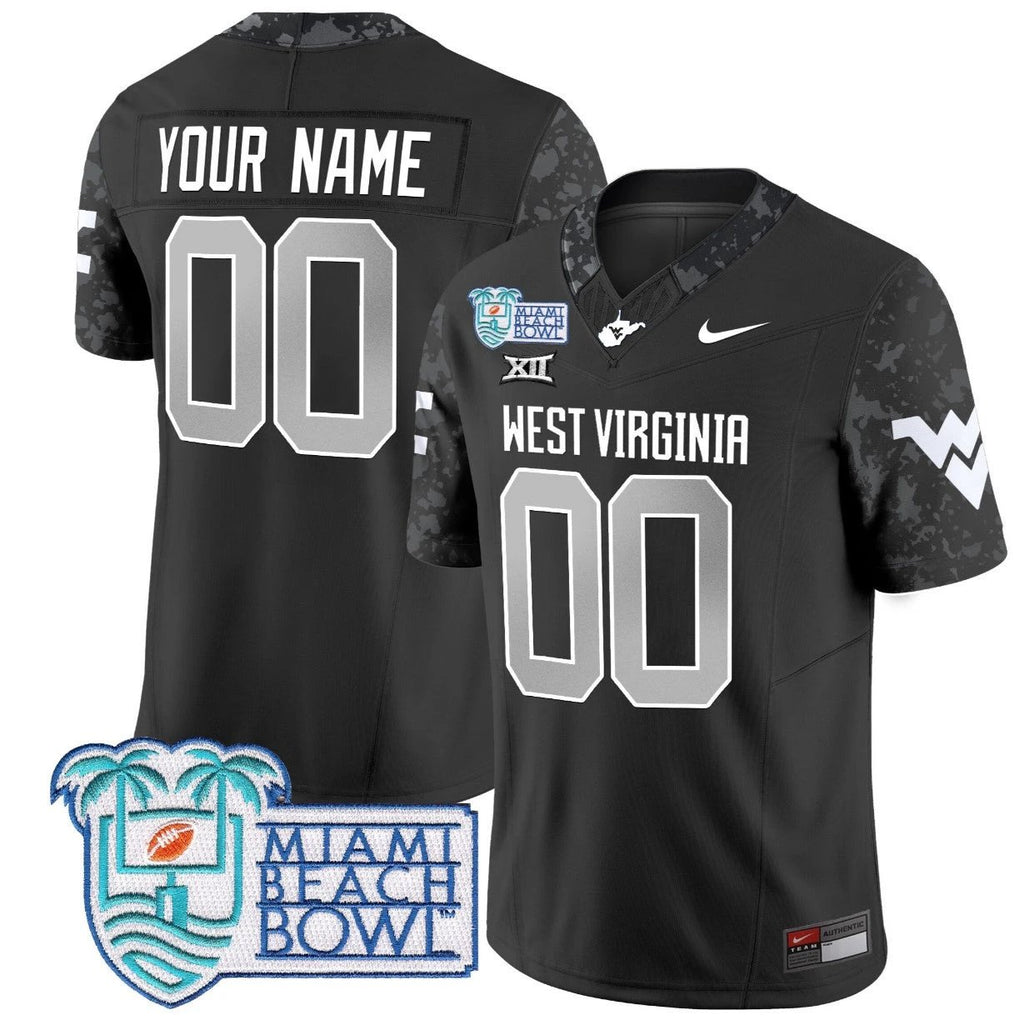 Custom West Virginia Mountaineers Jersey 2025 Miami Beach Bowl Patch Coal by My Store
