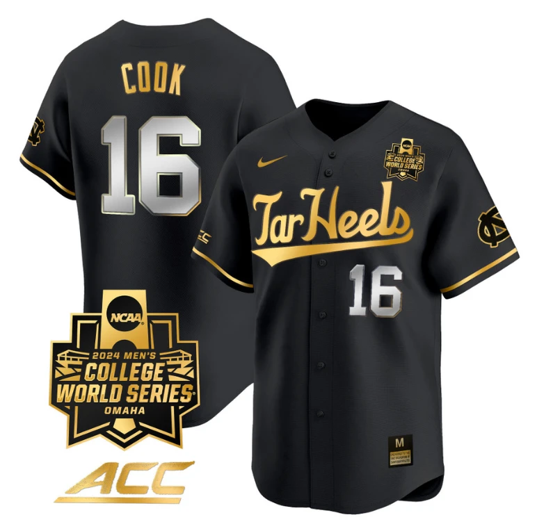 Casey Cook Jersey #16 North Carolina Tar Heels 2024 College World Series Vapor Premier Limited NCAA Baseball Stitched Black Gold by My Store