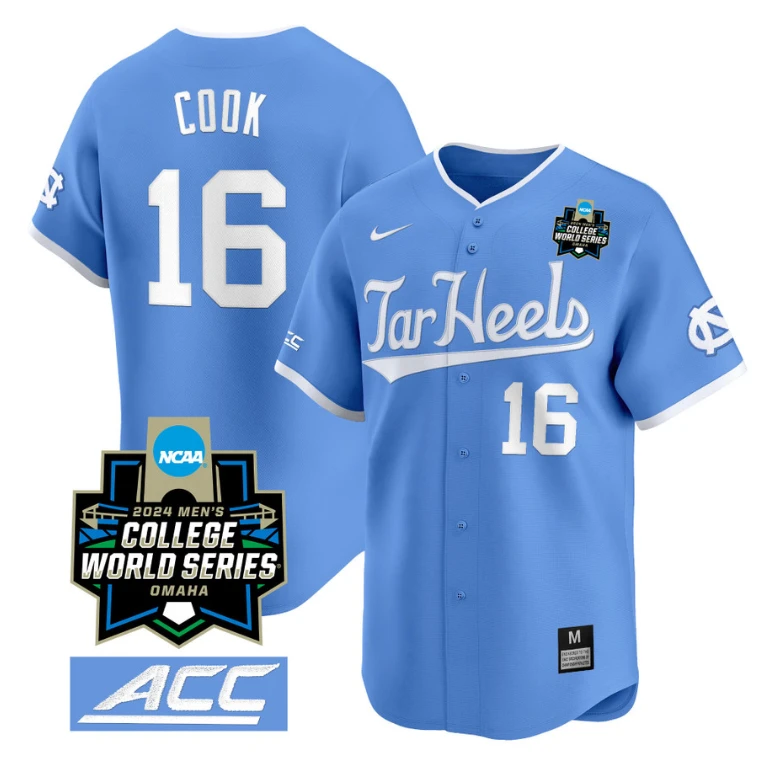 Casey Cook Jersey #16 North Carolina Tar Heels 2024 College World Series Vapor Premier Limited NCAA Baseball Stitched Blue by My Store
