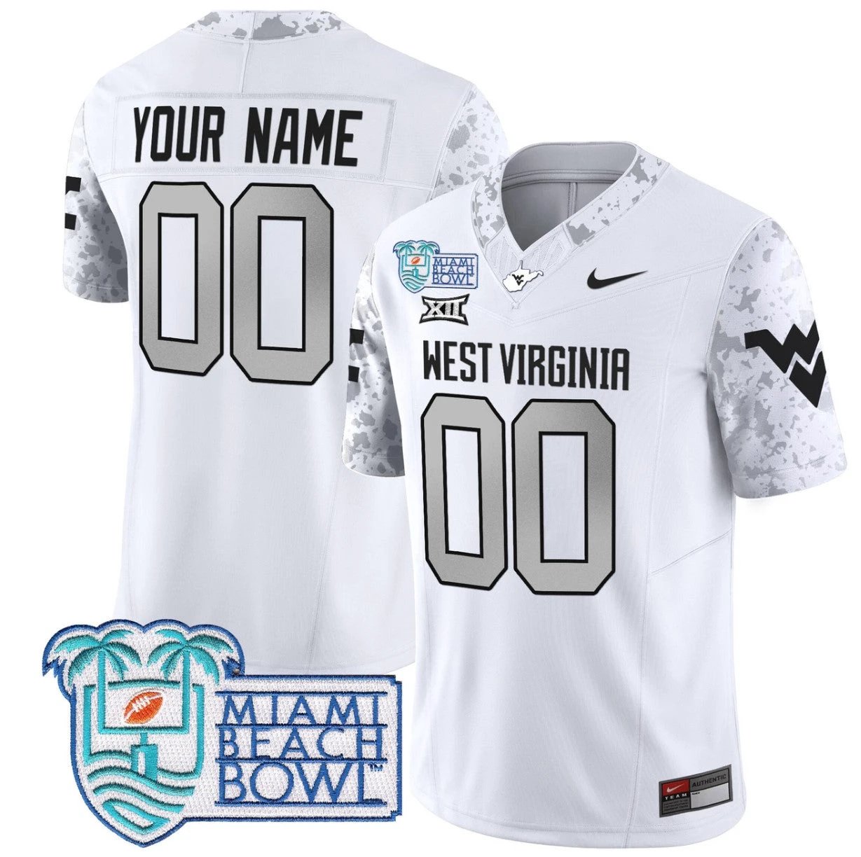 Custom West Virginia Mountaineers Jersey 2025 Miami Beach Bowl Patch White by My Store