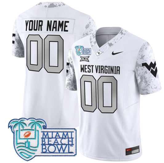 Custom West Virginia Mountaineers Jersey 2025 Miami Beach Bowl Patch White by My Store
