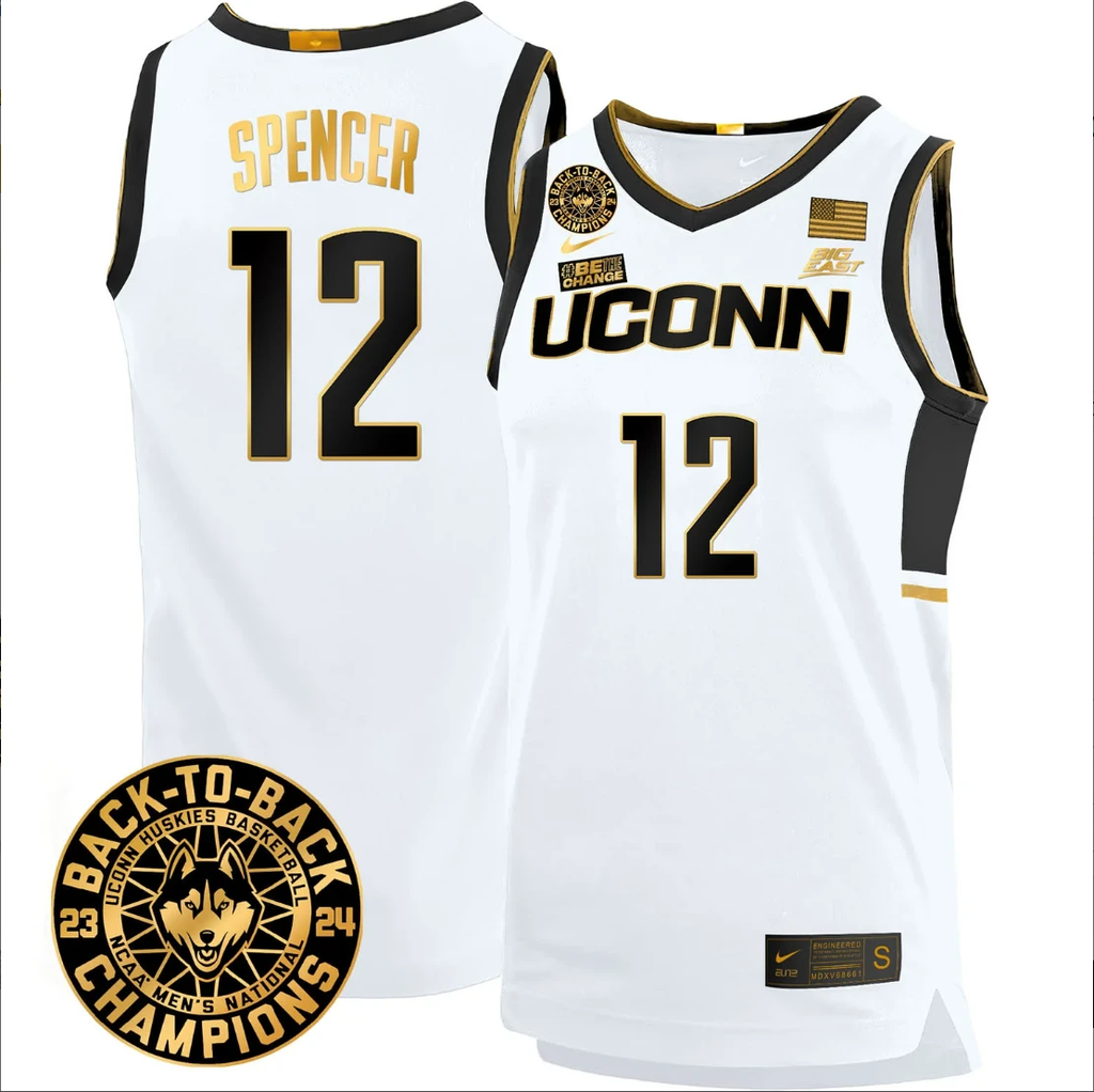 Cam Spencer Jersey #12 UConn Huskies Basketball 2024 Back To Back Champions Patch White Gold by My store basketball