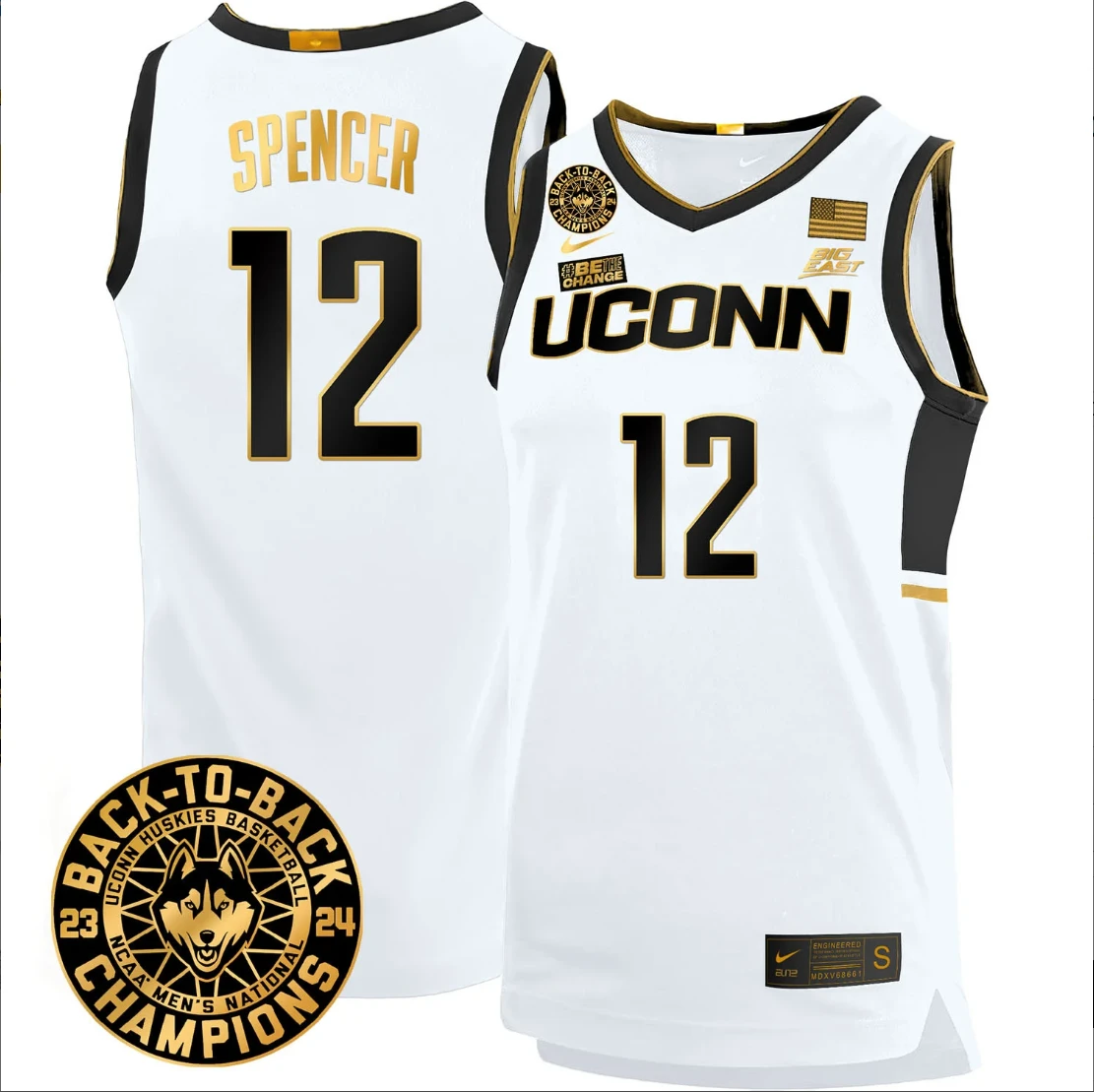 Cam Spencer Jersey #12 UConn Huskies Basketball 2024 Back To Back Champions Patch White Gold by My store basketball