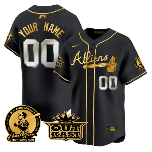 Custom Atlanta Braves Jersey Atliens Hank Aaron Patch Vapor Limited Stitched Black Gold by My Store