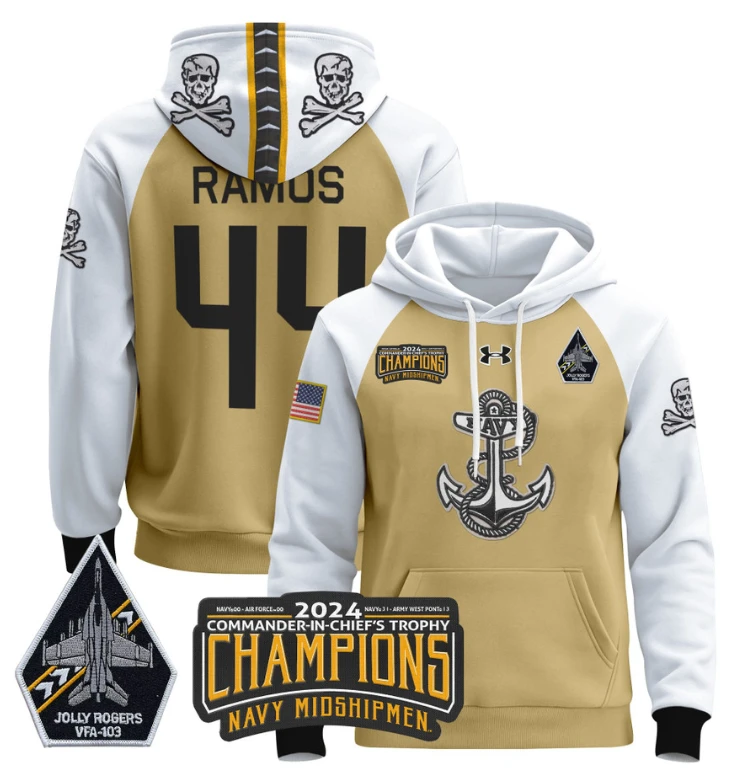Colin Ramos Hoodie #44 Navy Midshipmen Champions Patch Pullover Gold White by Hoodie Pullover