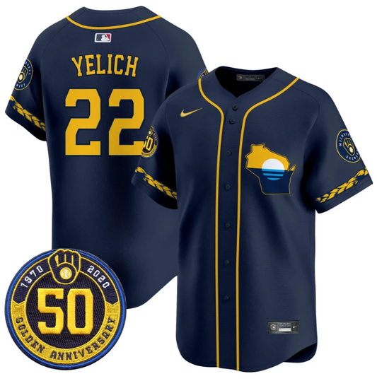 Christian Yelich Jersey #22 Milwaukee Brewers Golden 50th Anniversary Patch Stitched Navy by My Store