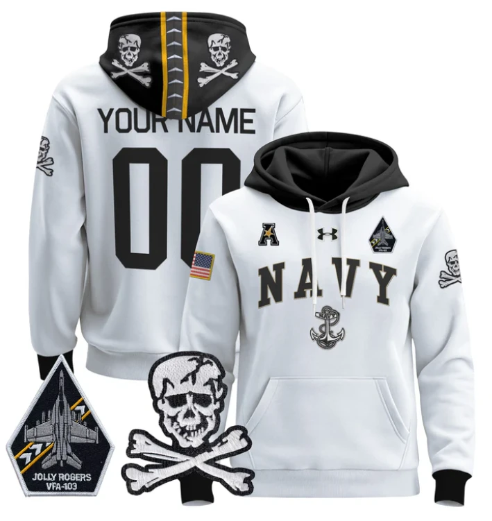 Custom Navy Midshipmen Hoodie 2024 Pullover Jolly Rogers Patch by Hoodie Pullover