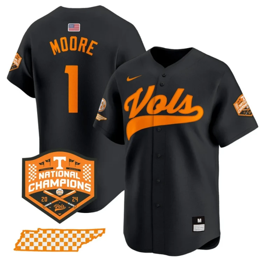 Christian Moore Jersey #1 Tennessee Volunteers Baseball 2024 Champions Vapor Premier Limited Black by My Store