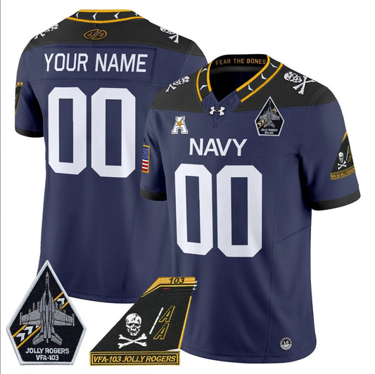 Custom Navy Midshipmen Jersey Name, Number 2024 Jolly Rogers Patch Navy by My Store