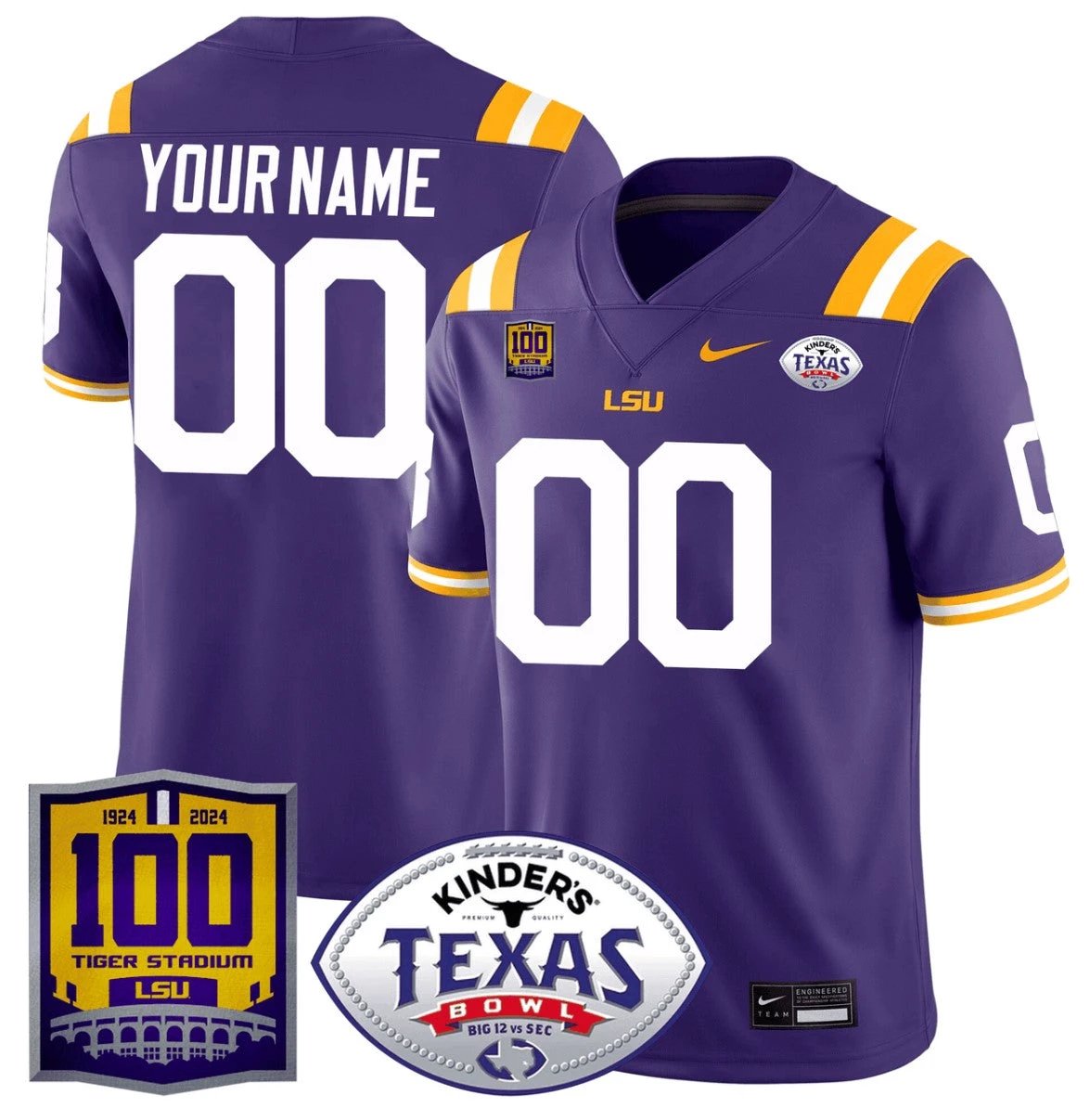 Custom LSU Tigers Jersey 100 Years of Tiger Stadium and Texas Bowl Patch Purple by NCAA Football Jersey