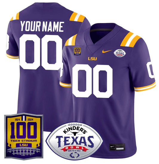 Custom LSU Tigers Jersey 100 Years of Tiger Stadium and Texas Bowl Patch Purple by NCAA Football Jersey