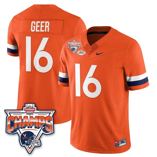 Cole Geer Jersey #16 Virginia Cavaliers 2025 Gator Bowl Champions Stitched Orange by NCAA Football Jersey