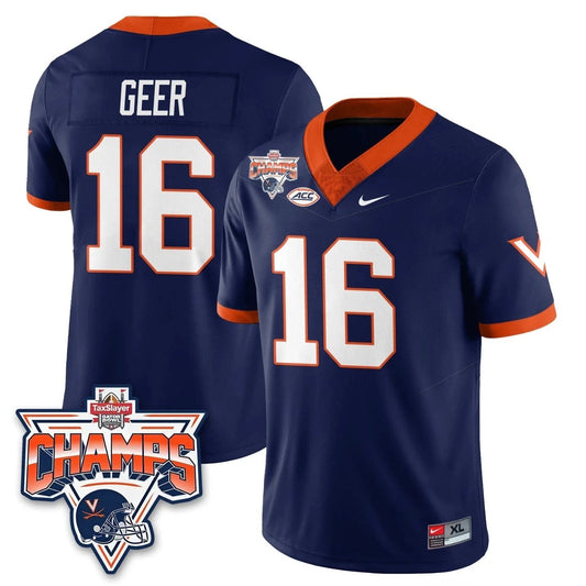 Cole Geer Jersey #16 Virginia Cavaliers 2025 Gator Bowl Champions Stitched Navy by NCAA Football Jersey