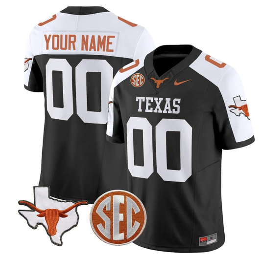 Custom Texas Longhorns Jersey Name and Number State Map and Sec Patch Vapor Limited College Football Stitched Black Alternate by My Store