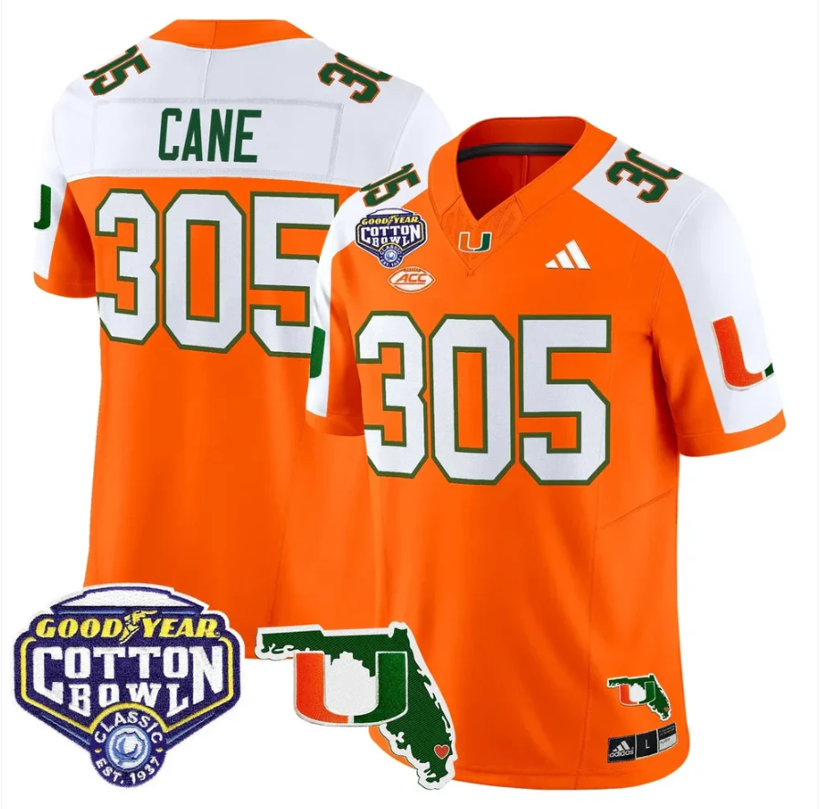 Cane Jersey #305 Miami Hurricanes 2025 Cotton Bowl Florida Patch Stitched Orange Alternate by NCAA Football Jersey
