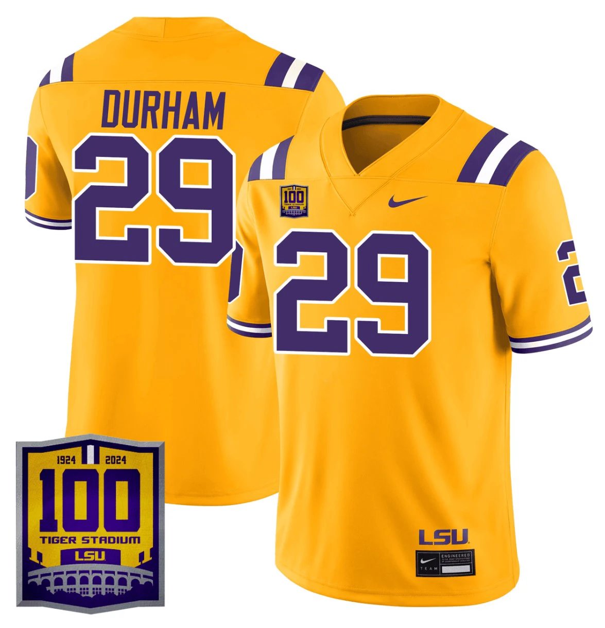 Caden Durham Jersey #29 LSU Tigers 100 Years of Tiger Stadium Patch Gold by NCAA Football Jersey