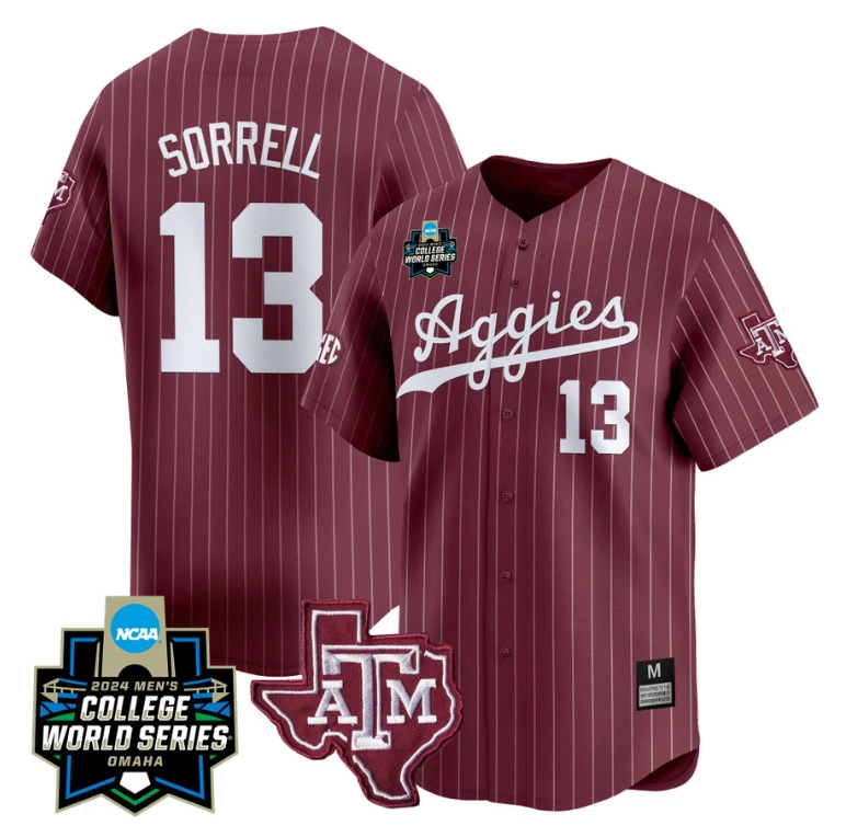 Caden Sorrell Jersey #13 Texas AM Aggies 2024 College World Series Vapor Premier Limited NCAA Baseball Stitched Maroon Pinstripe by My Store