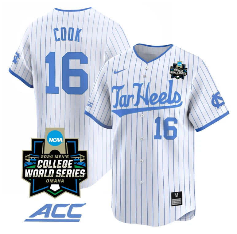 Casey Cook Jersey #16 North Carolina Tar Heels 2024 College World Series Vapor Premier Limited NCAA Baseball Stitched White Pinstripe by My Store