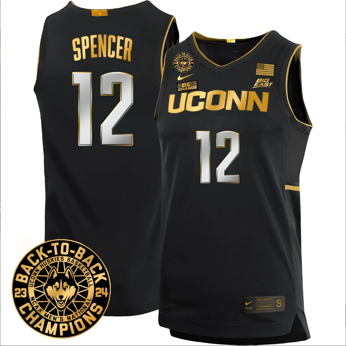 Cam Spencer Jersey #12 UConn Huskies Basketball 2024 Back To Back Champions Patch Black Gold by My store basketball