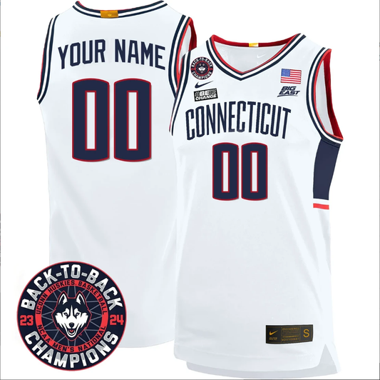 Custom UConn Huskies Basketball Jersey 2024 Back To Back Champions Patch White by My store basketball