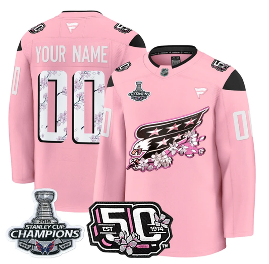 Custom Washington Capitals Jersey 50th Anniversary & 2018 Stanley Cup Champions Patch Cherry Blossom by Hockey David