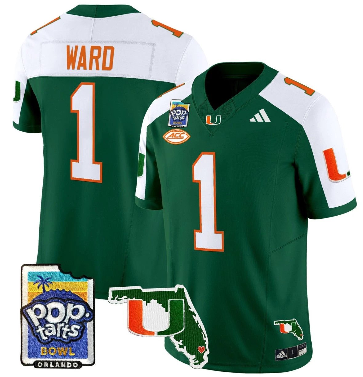 Cam Ward Jersey #1 Miami Hurricanes 2025 PopTarts Bowl Patch Green Alternate by My Store